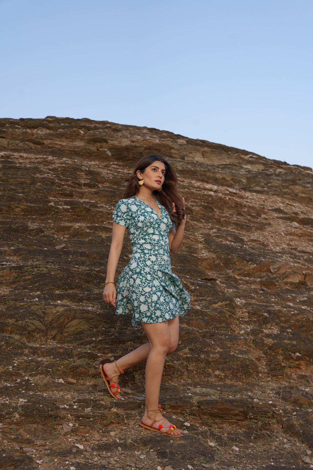 Emerald Green Cotton Hand Block Print Floral Midi Dress