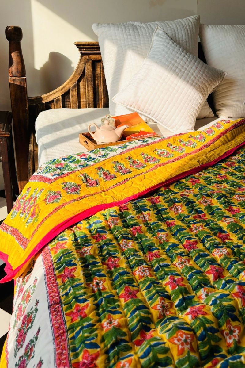 Yellow Lily Hand Block Print Reversible Quilt