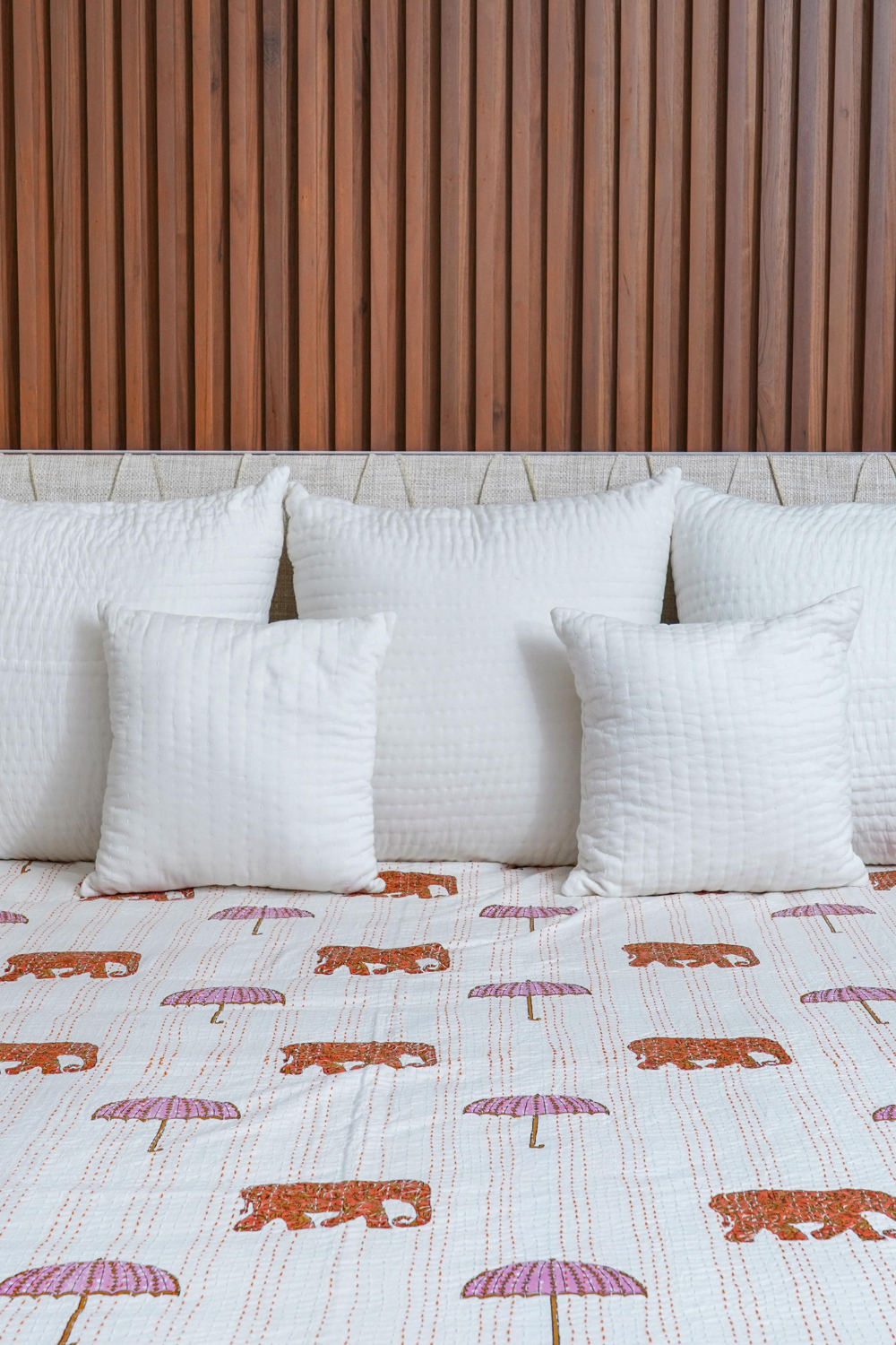 Orange Elephant Umbrella Block Printed Kantha Bedcover