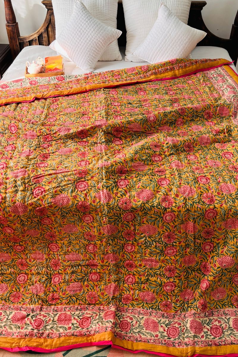 Yellow Dalia Hand Block Print Reversible Quilt