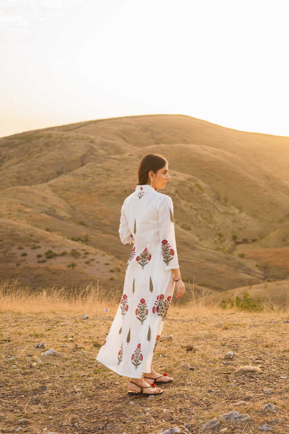 Firdous Poppy Cotton Block Print Long Dress