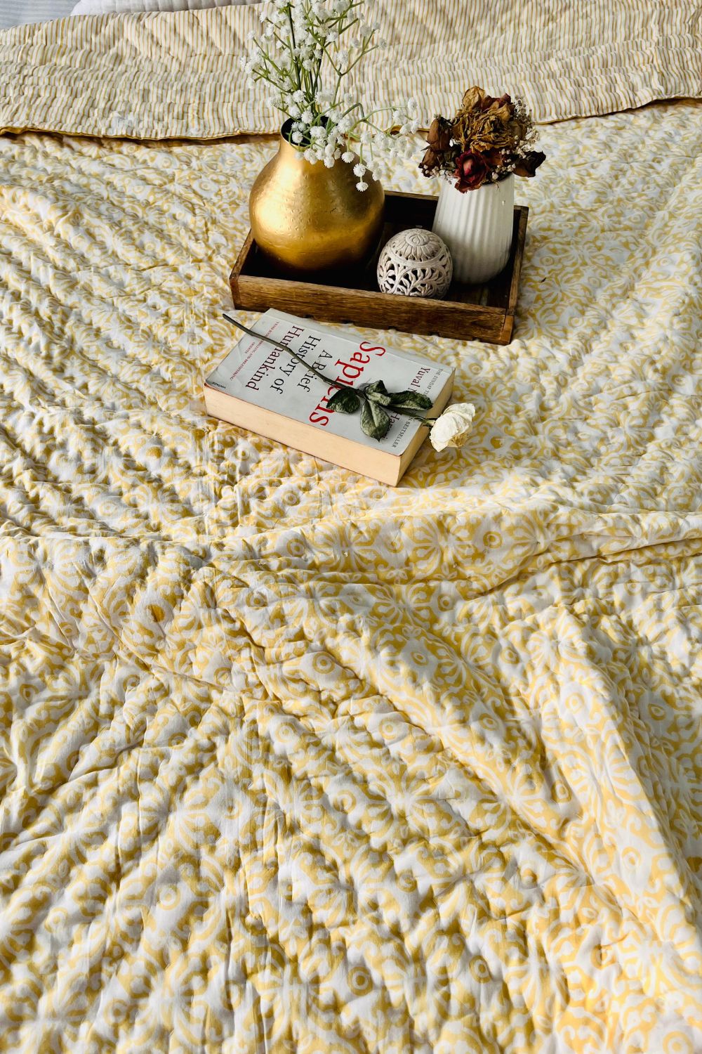 Yellow Evileye Hand Block Print Reversible Quilt