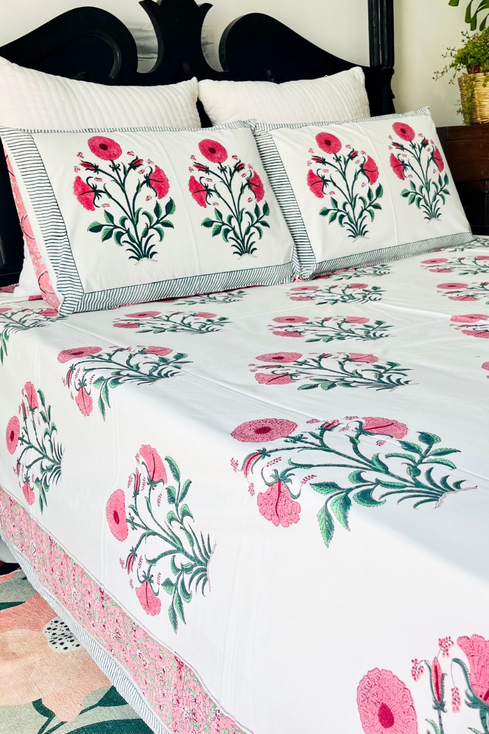Pink Poppy Hand Block Printed Cotton Bedsheet