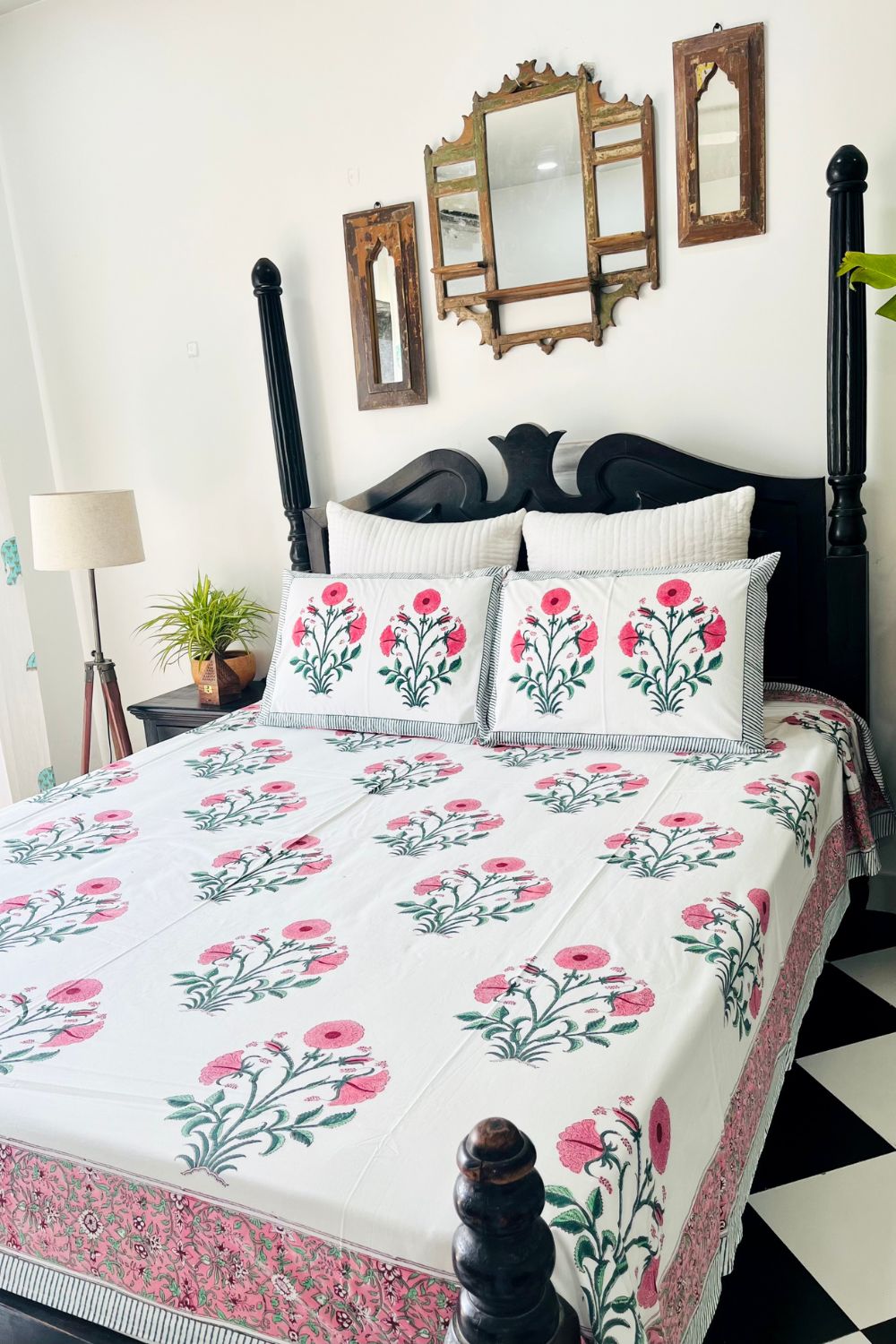 Pink Poppy Hand Block Printed Cotton Bedsheet
