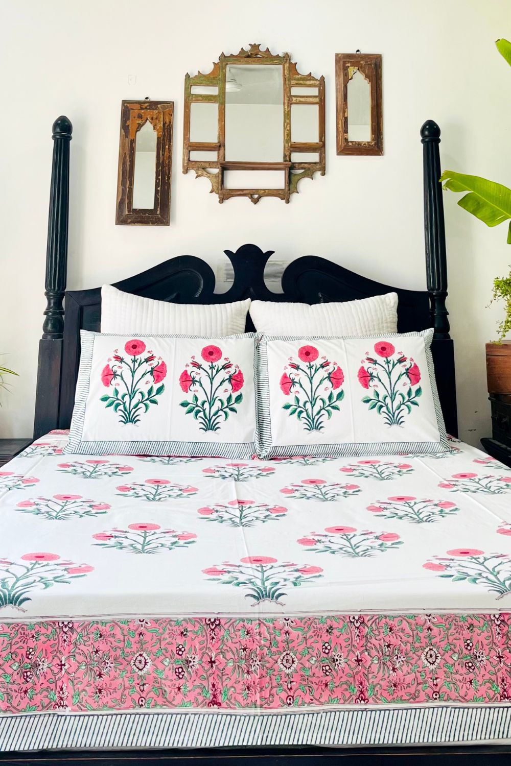 Pink Poppy Hand Block Printed Cotton Bedsheet