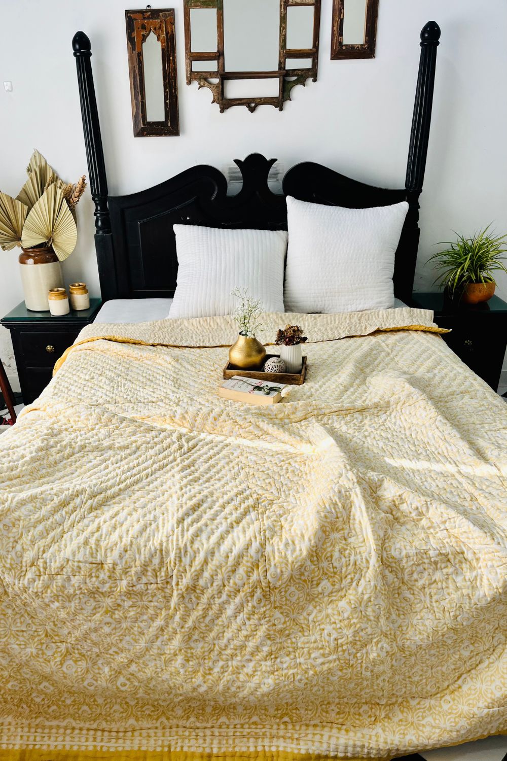 Yellow Evileye Hand Block Print Reversible Quilt