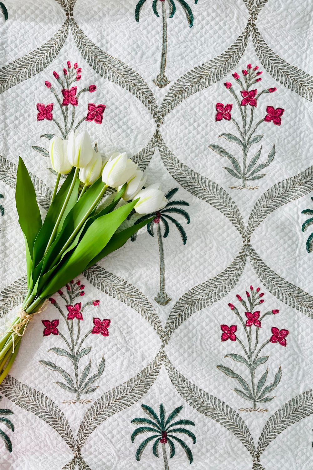 Palm Jaal Handblock Printed Jacquard Bedcover