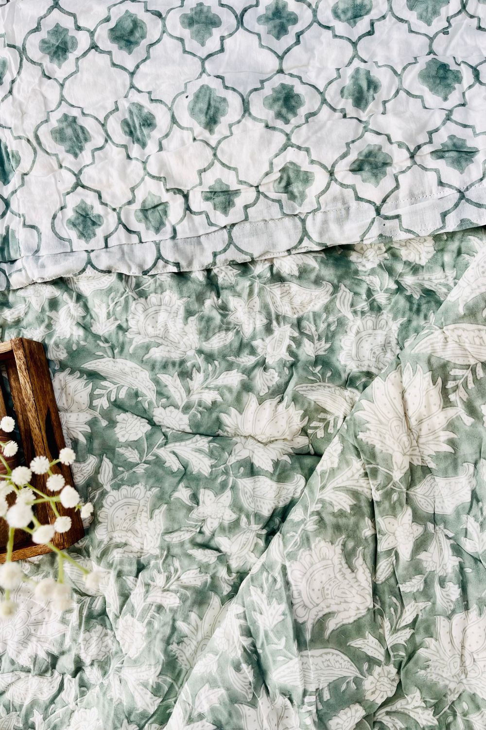 Sage Green Chintz Hand Block Print Reversible Quilt