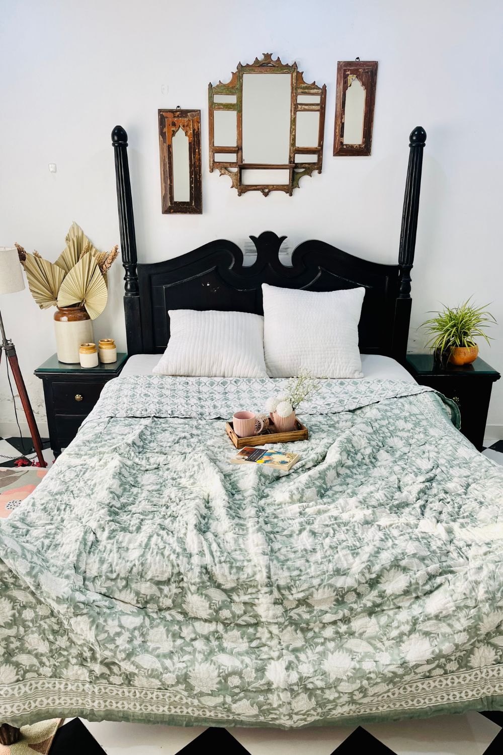 Sage Green Chintz Hand Block Print Reversible Quilt