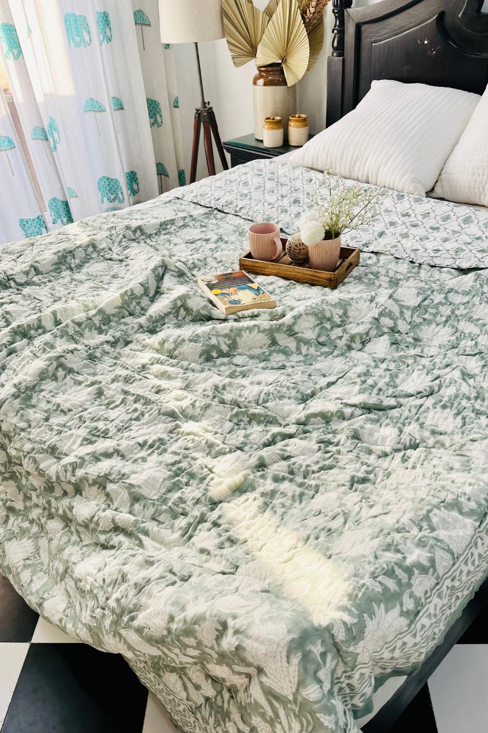 Sage Green Chintz Hand Block Print Reversible Quilt