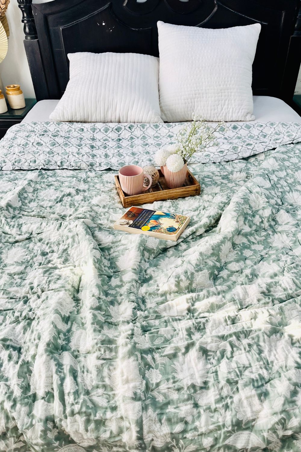 Sage Green Chintz Hand Block Print Reversible Quilt