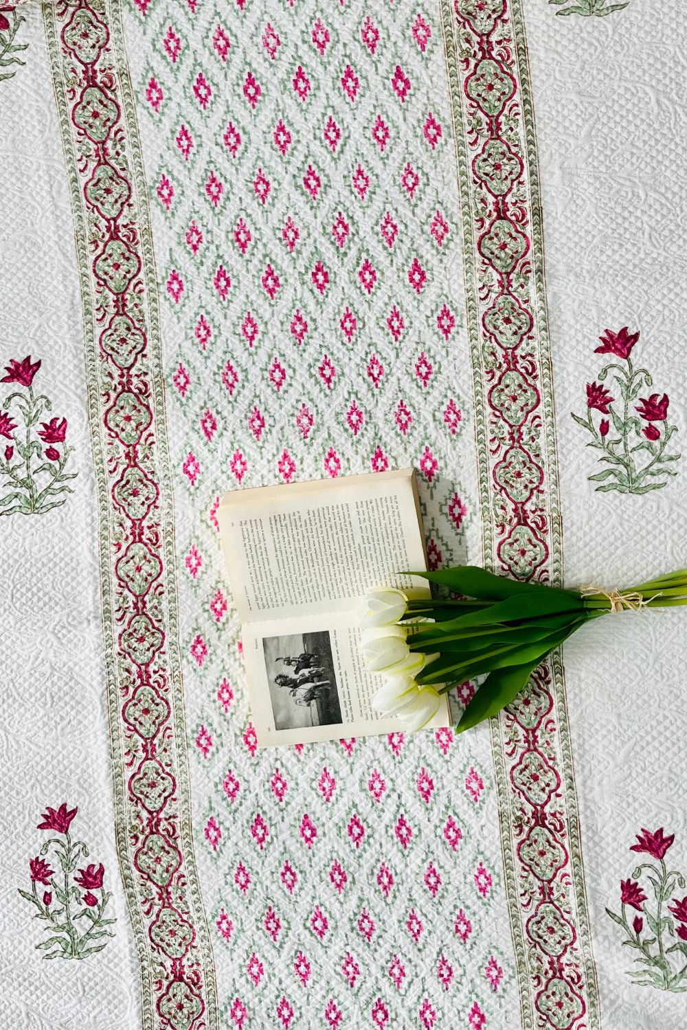 Petunia Handblock Printed Jacquard Bedcover
