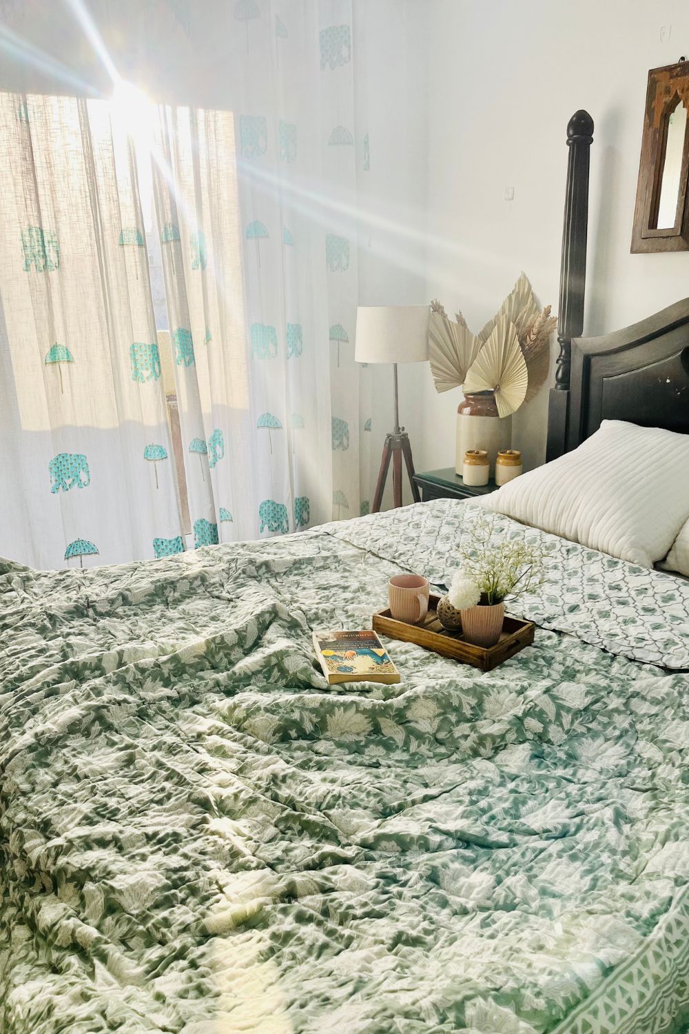 Sage Green Chintz Hand Block Print Reversible Quilt
