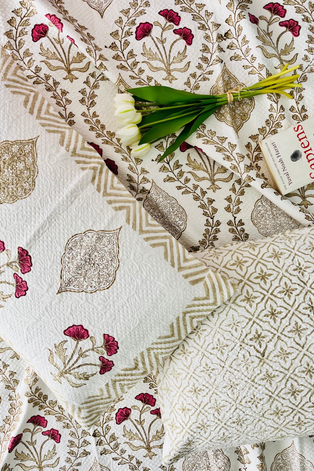 Rose Lily Handblock Printed Jacquard Bedcover