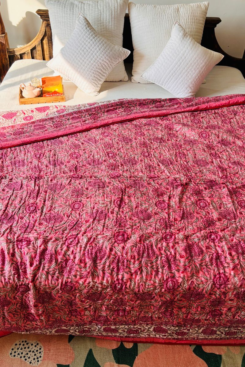 Cherry Hand Block Print Reversible Quilt