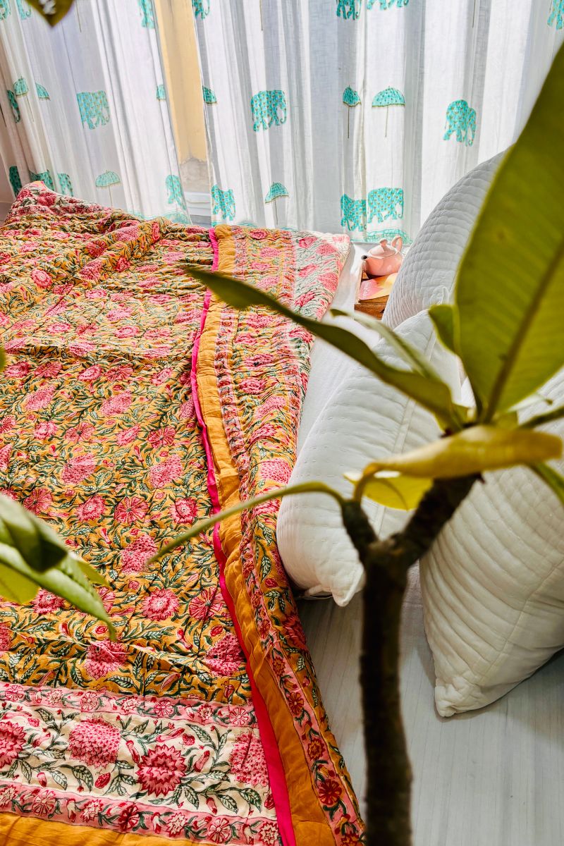 Yellow Dalia Hand Block Print Reversible Quilt