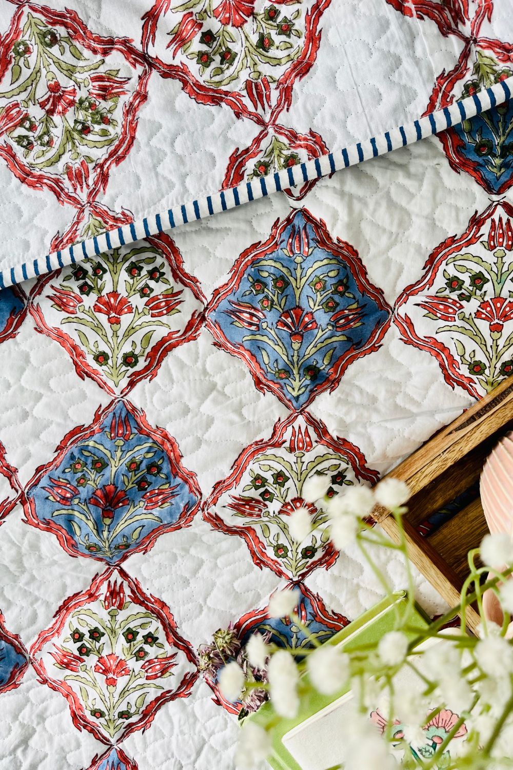 Mughal Jaal Handblock Printed Reversible Quilted Bedcover
