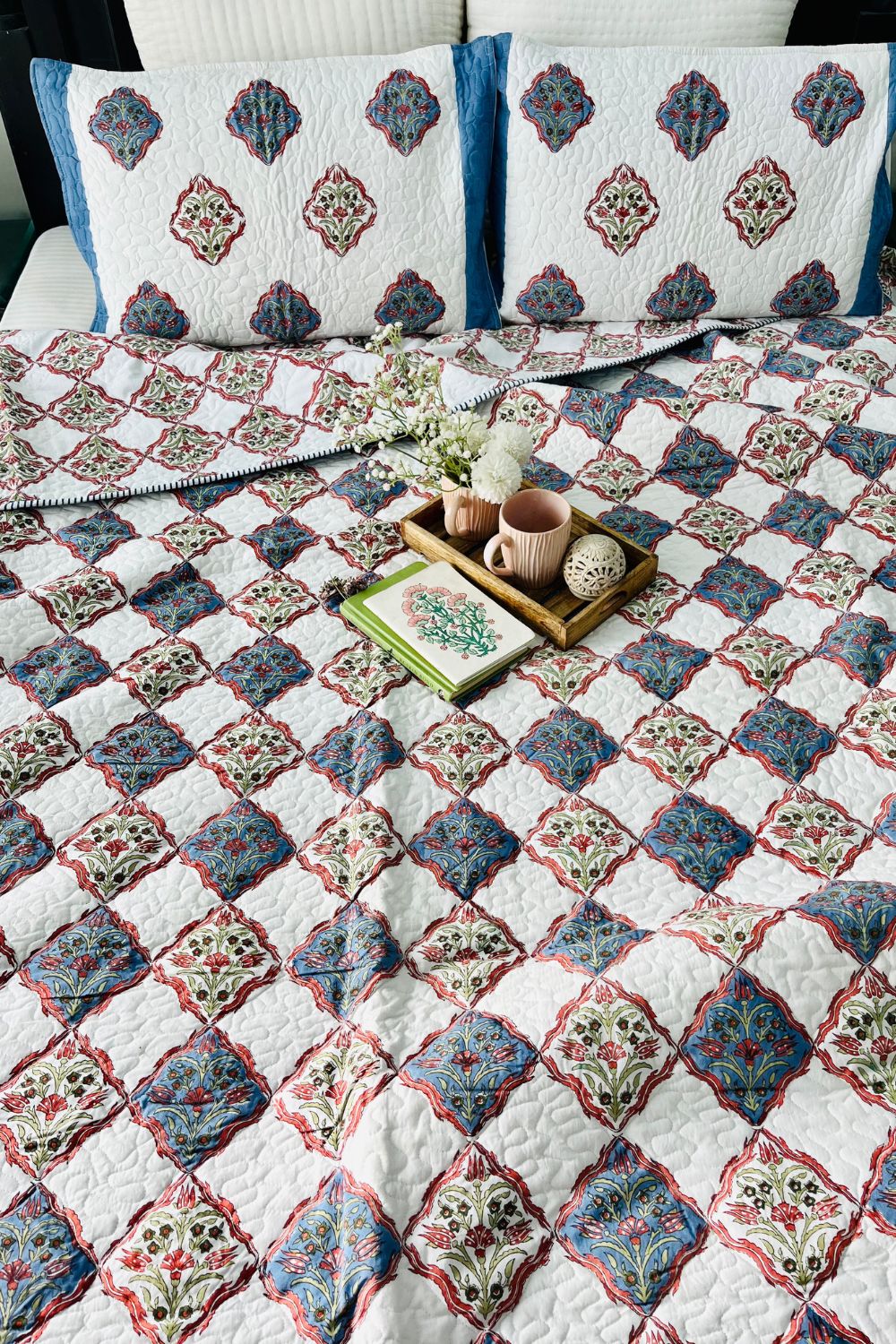 Mughal Jaal Handblock Printed Reversible Quilted Bedcover