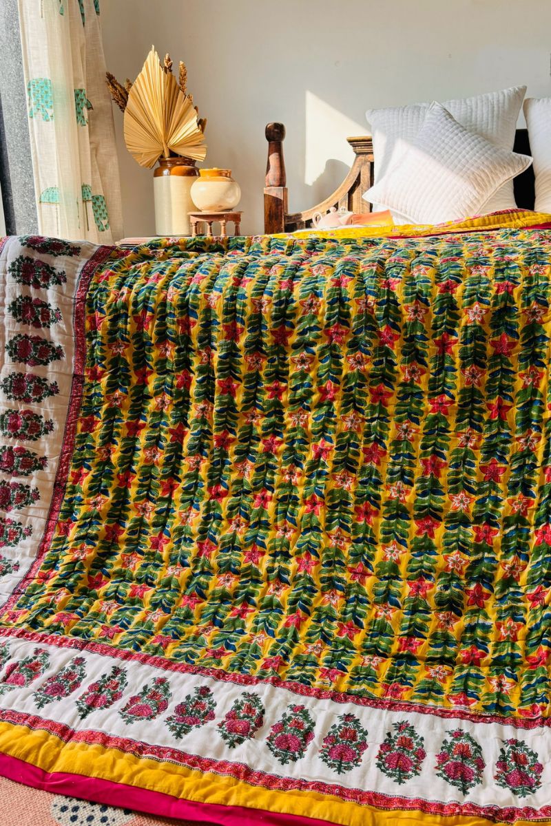 Yellow Lily Hand Block Print Reversible Quilt