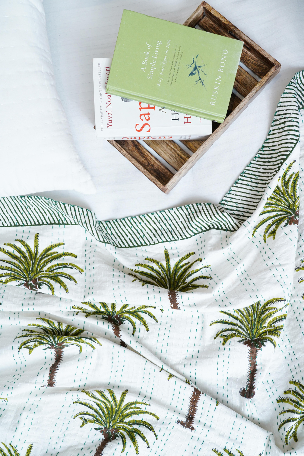 Palm Tree Block Printed Kantha Bedcover