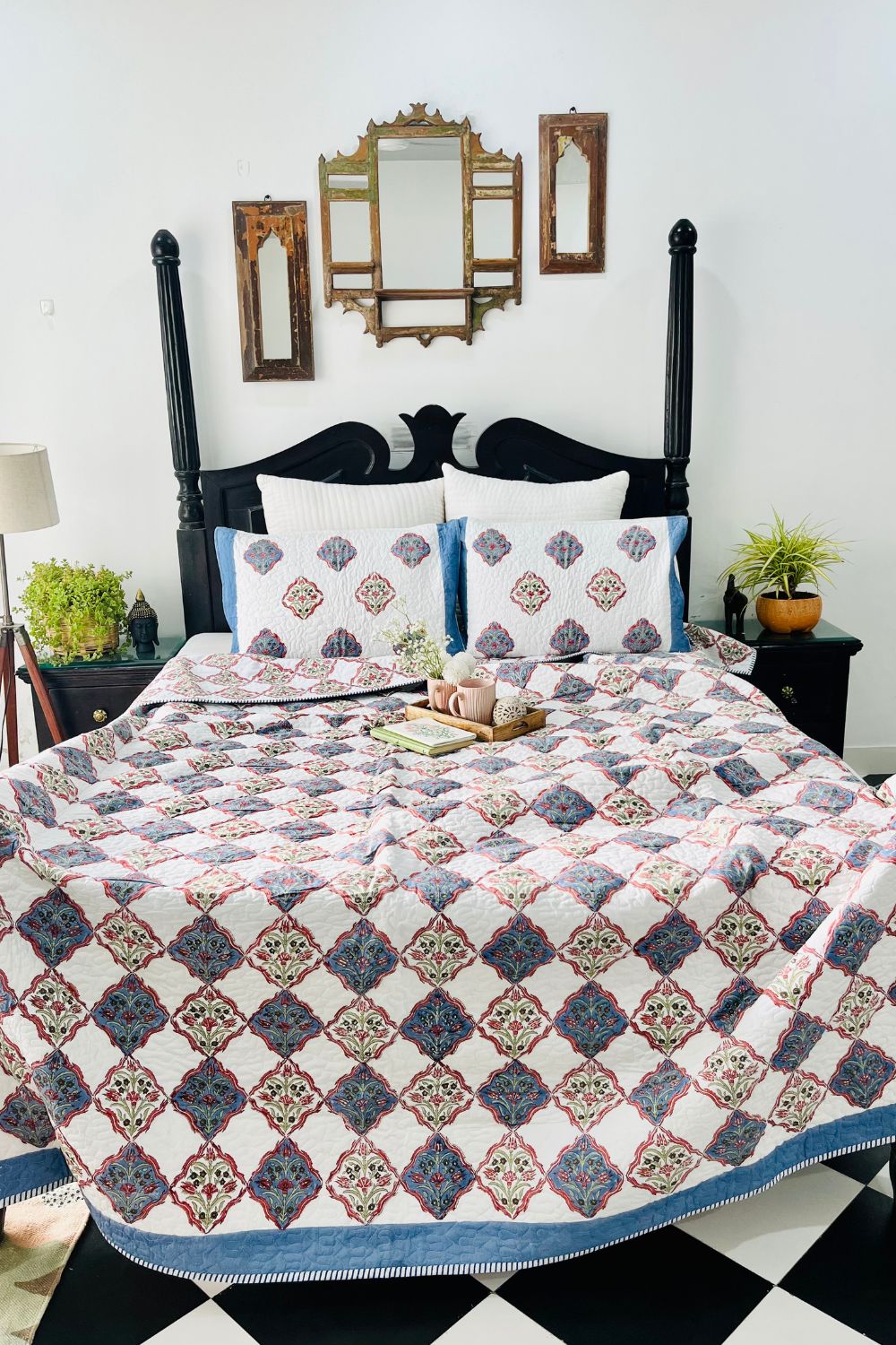 Mughal Jaal Handblock Printed Reversible Quilted Bedcover