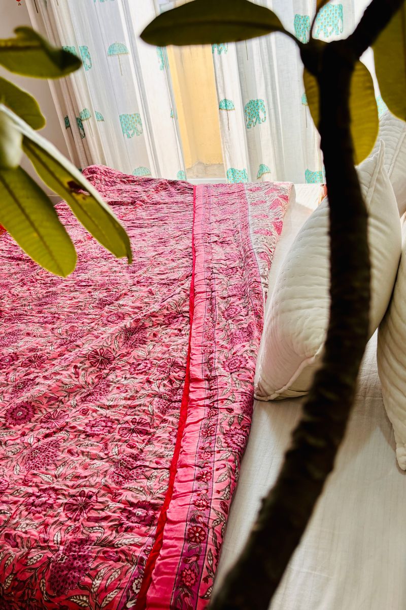 Cherry Hand Block Print Reversible Quilt
