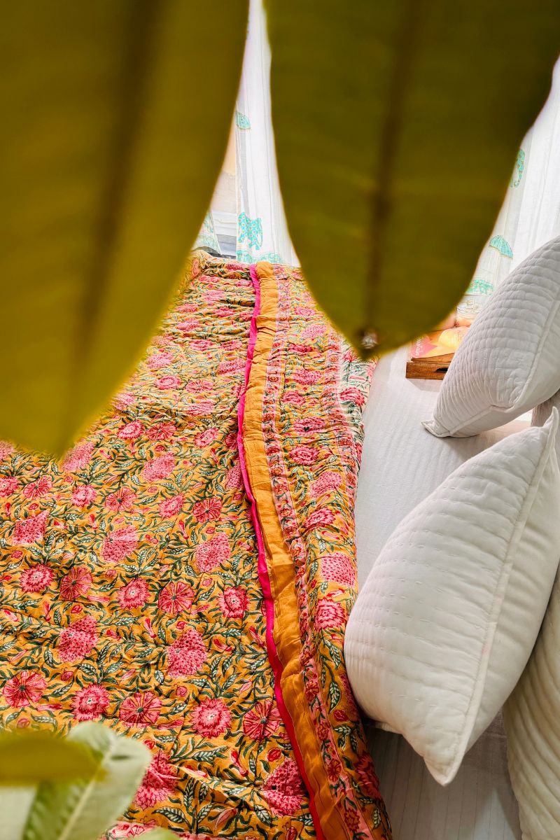 Yellow Dalia Hand Block Print Reversible Quilt