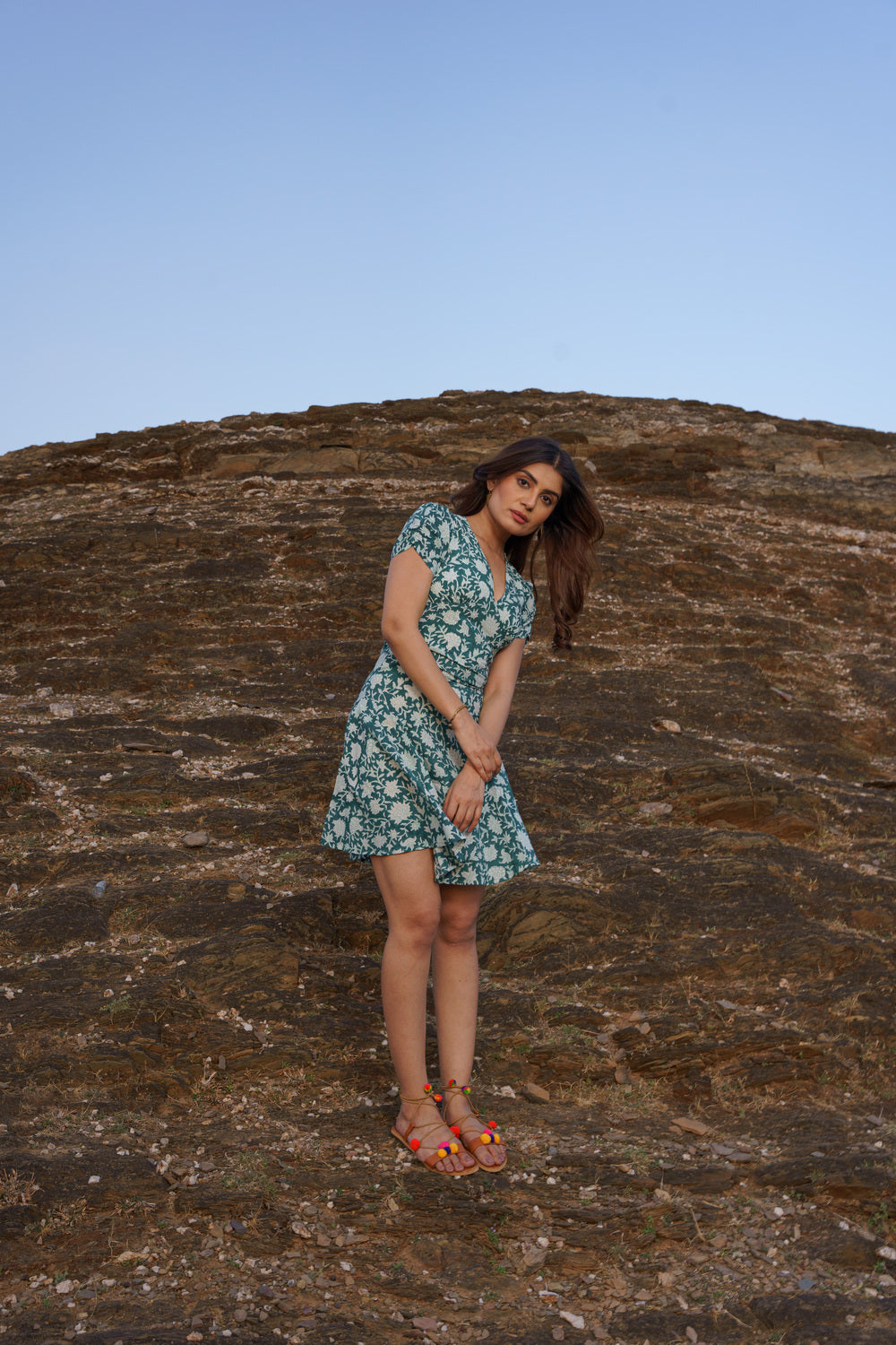 Emerald Green Cotton Hand Block Print Floral Midi Dress