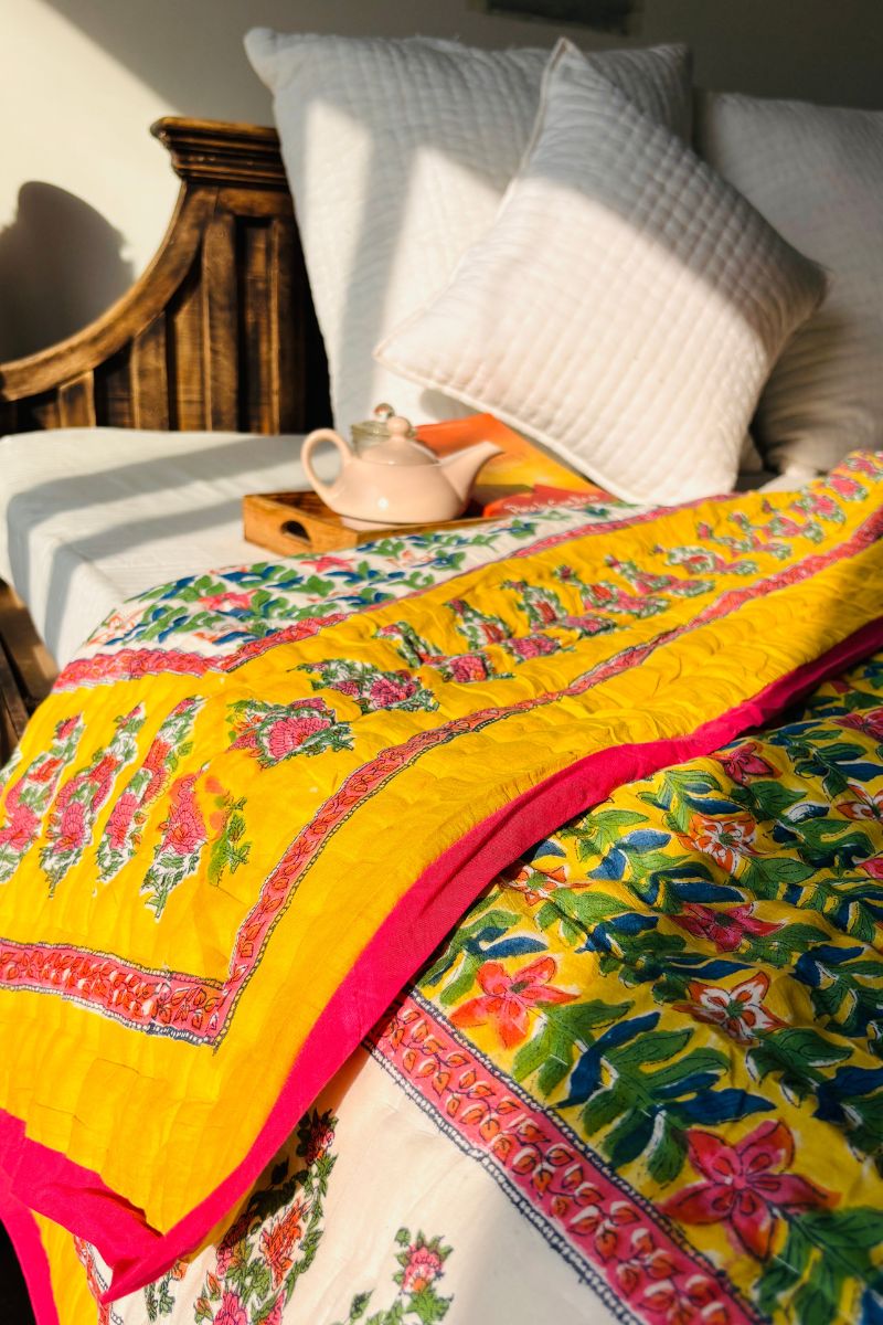 Yellow Lily Hand Block Print Reversible Quilt