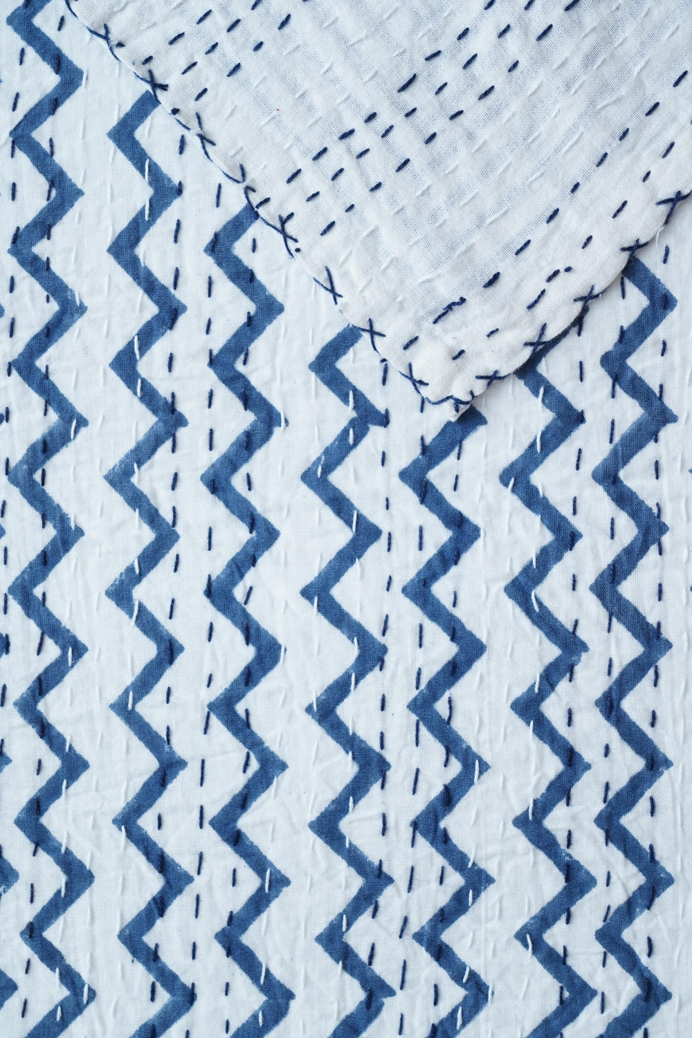 Chevron Block Printed Kantha Bedcover