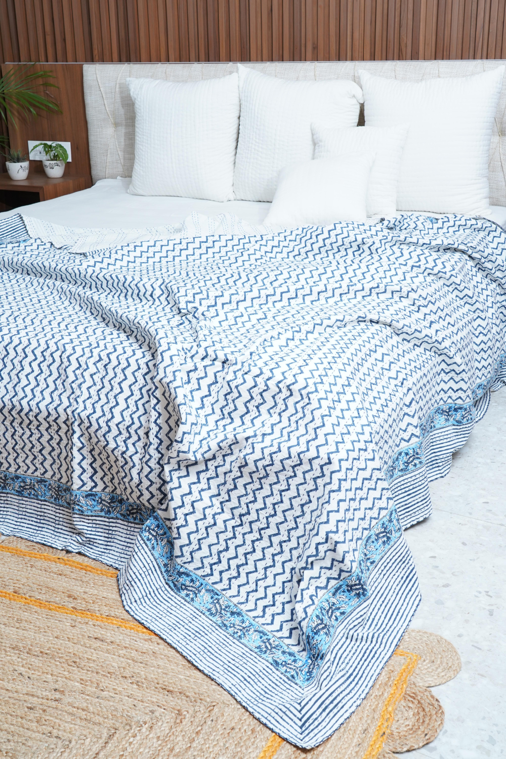 Chevron Block Printed Kantha Bedcover