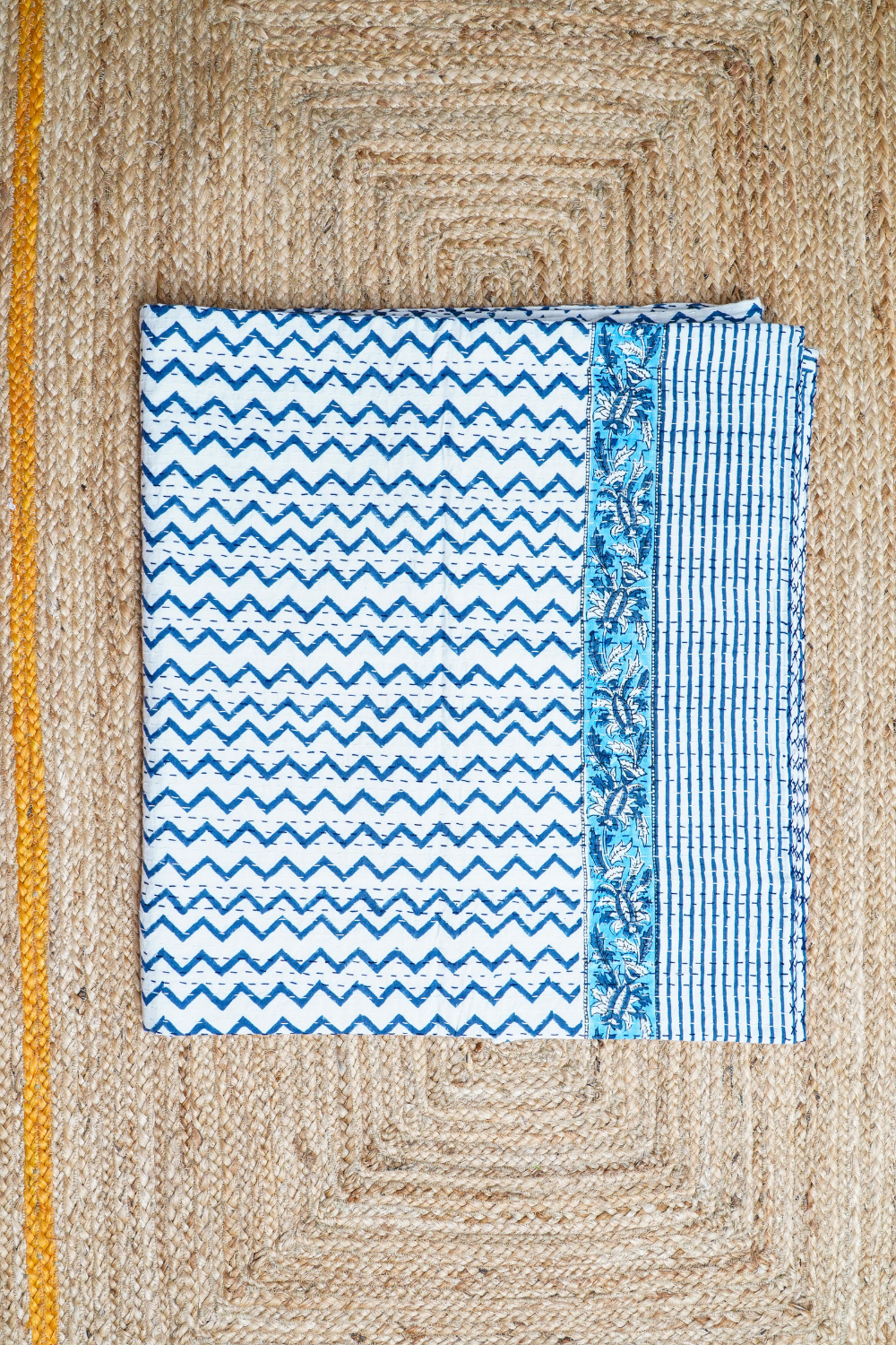 Chevron Block Printed Kantha Bedcover