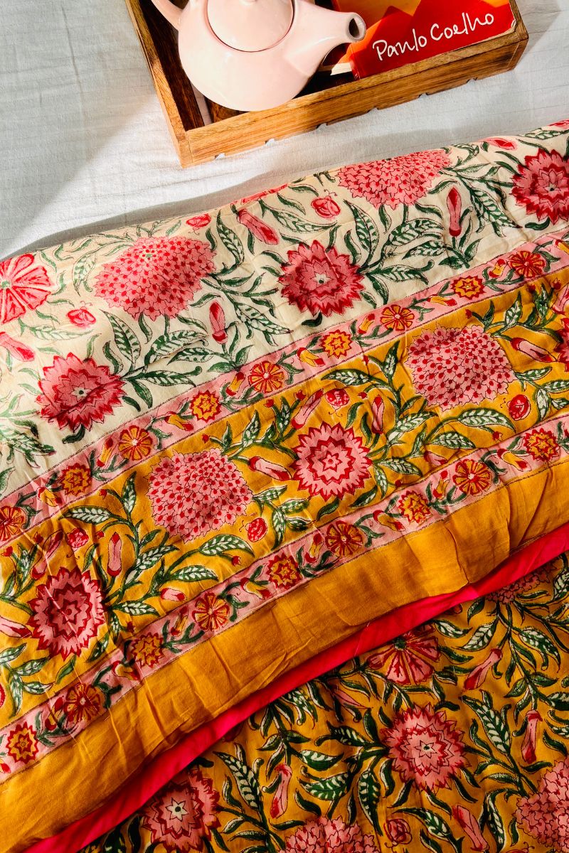Yellow Dalia Hand Block Print Reversible Quilt