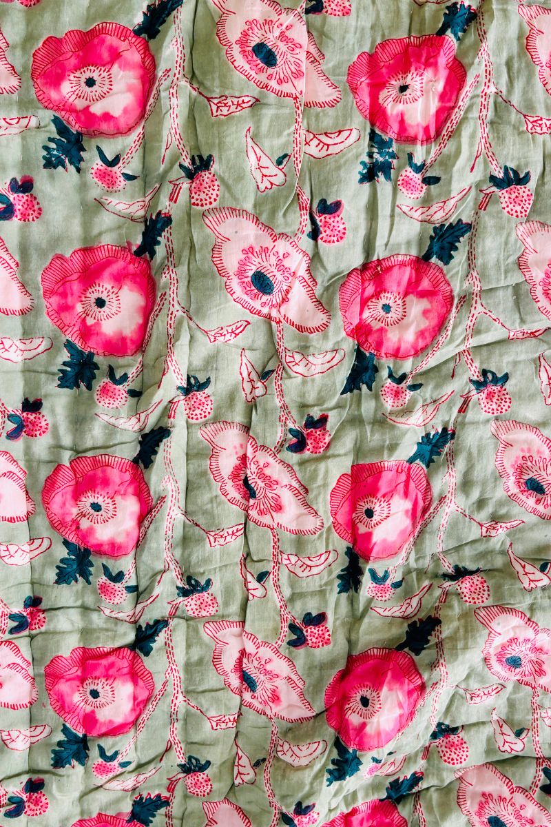 Tea Green Hand Block Print Reversible Quilt