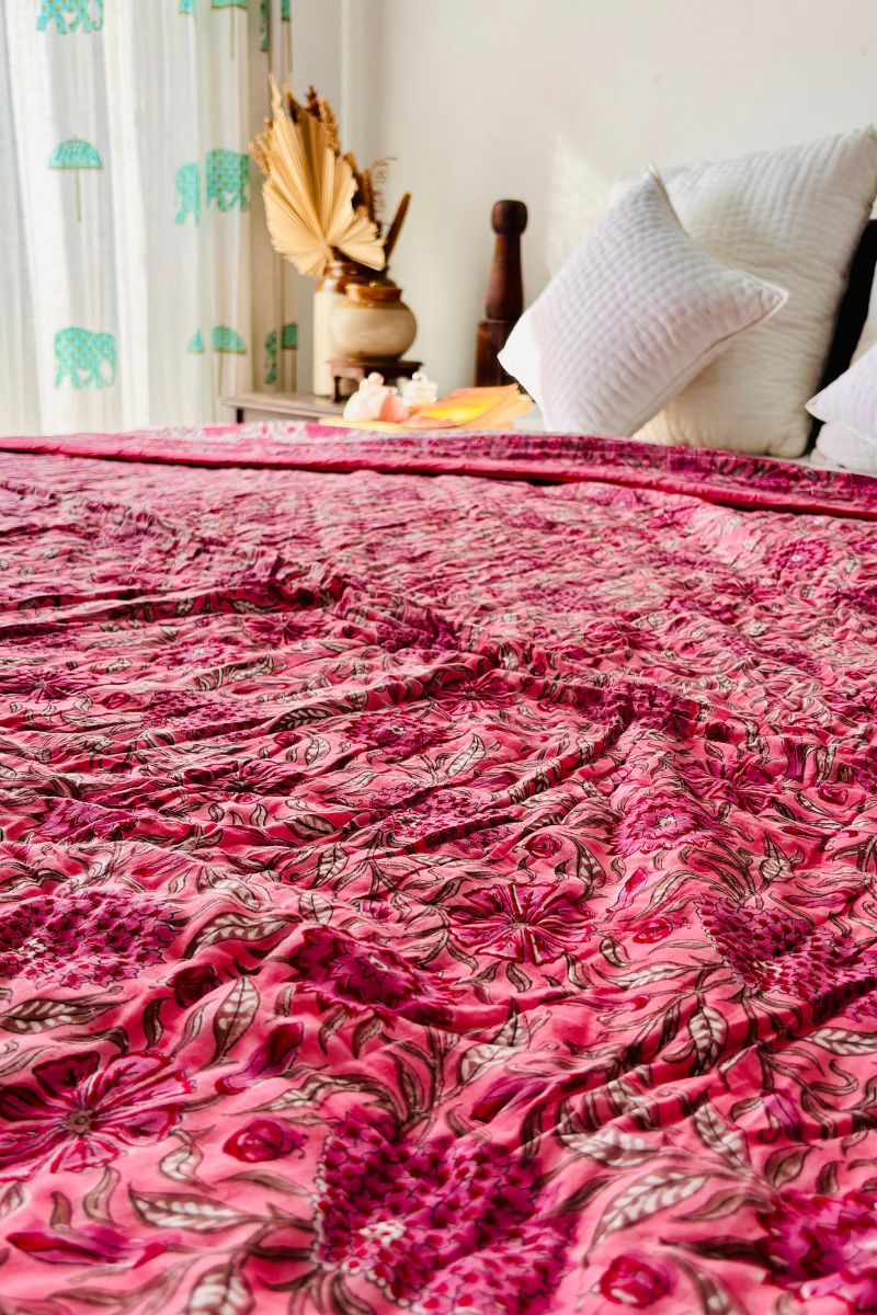 Cherry Hand Block Print Reversible Quilt