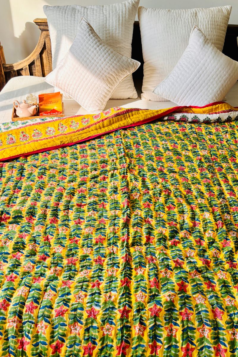 Yellow Lily Hand Block Print Reversible Quilt