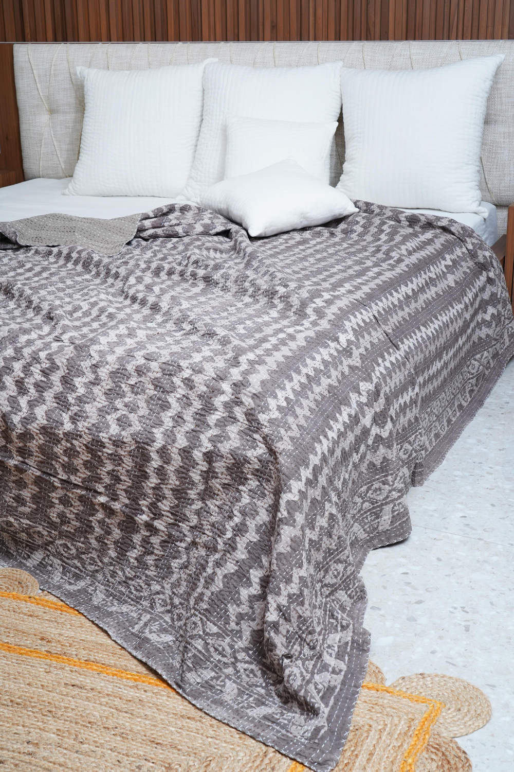 Chevron Dabu Block Printed Kantha Bedcover