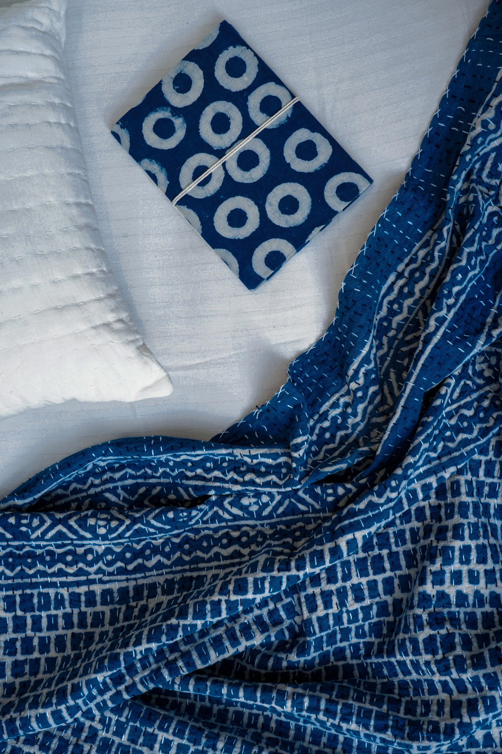 Diwar Indigo Block Printed Kantha Bedcover