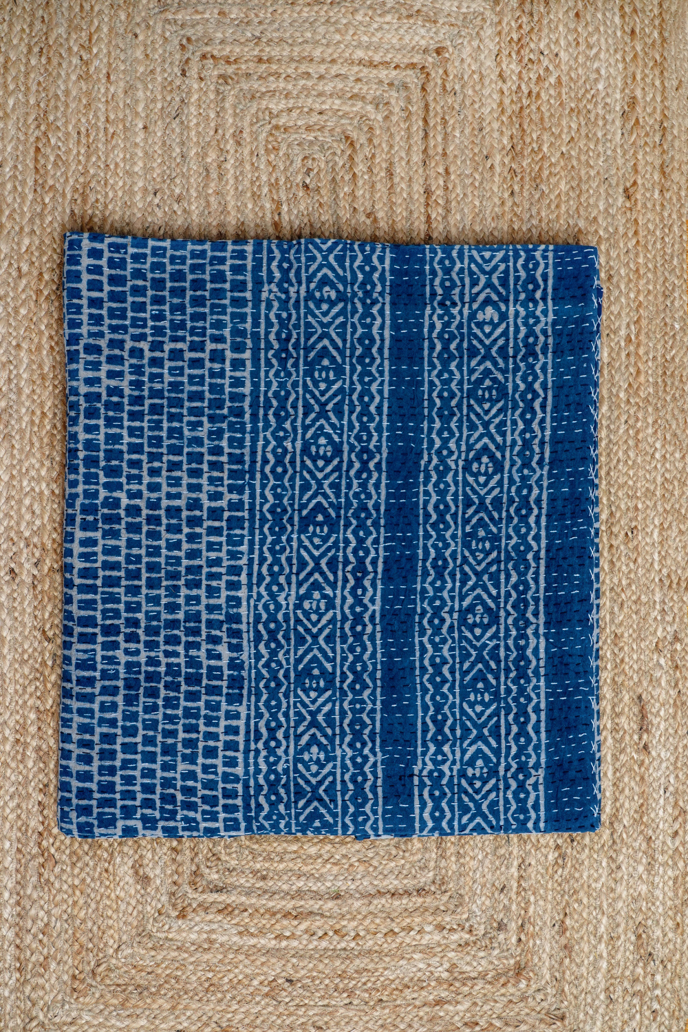 Diwar Indigo Block Printed Kantha Bedcover