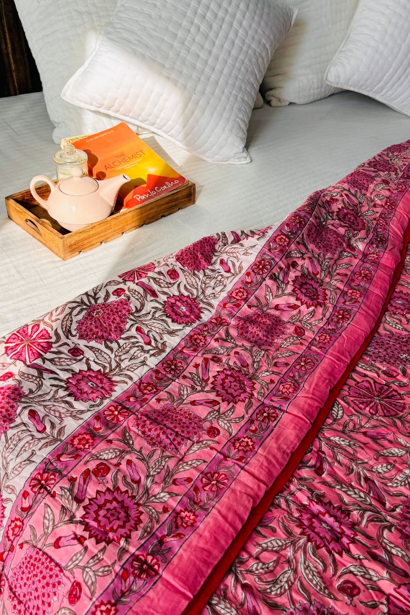 Cherry Hand Block Print Reversible Quilt