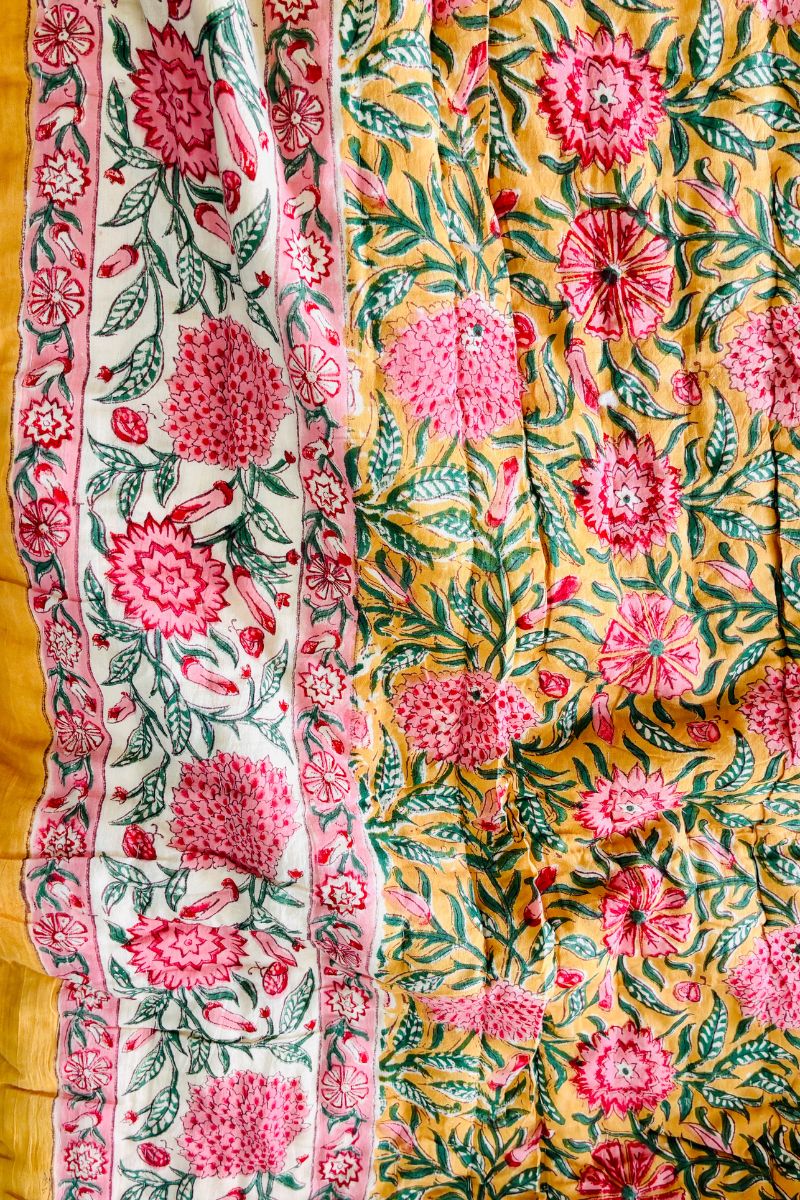 Yellow Dalia Hand Block Print Reversible Quilt