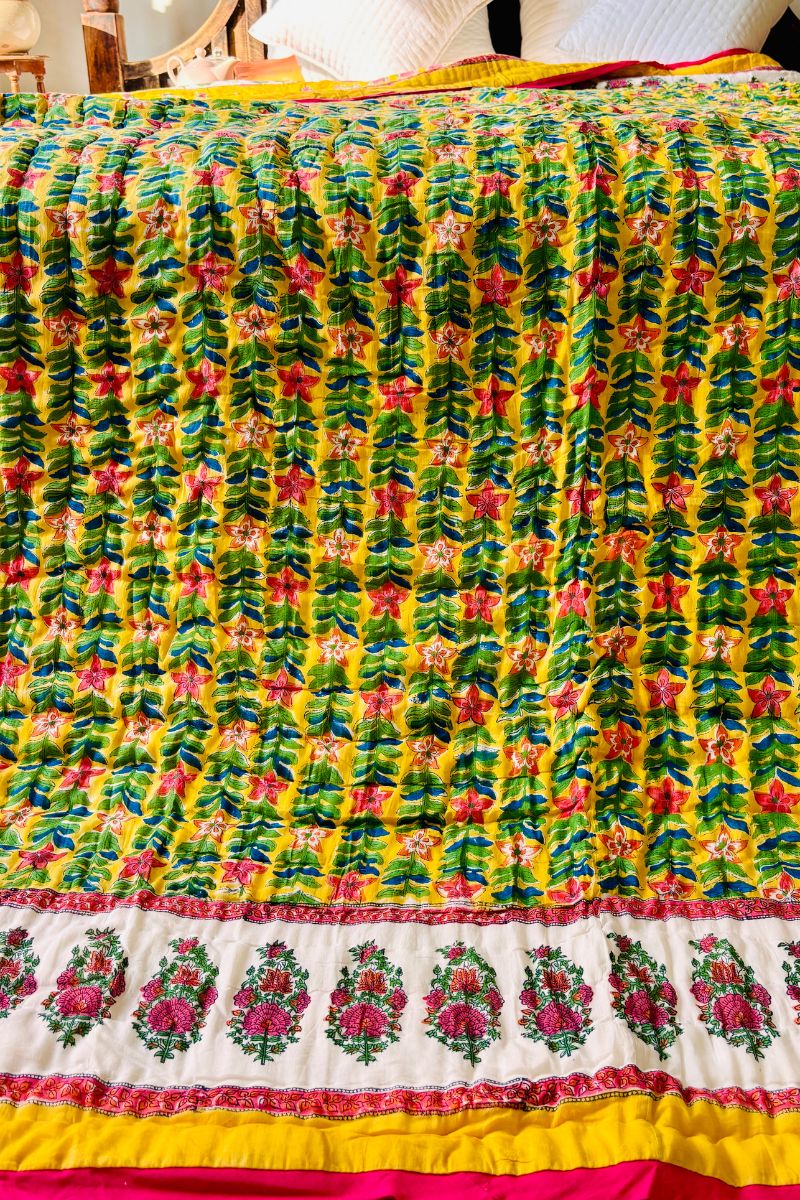 Yellow Lily Hand Block Print Reversible Quilt