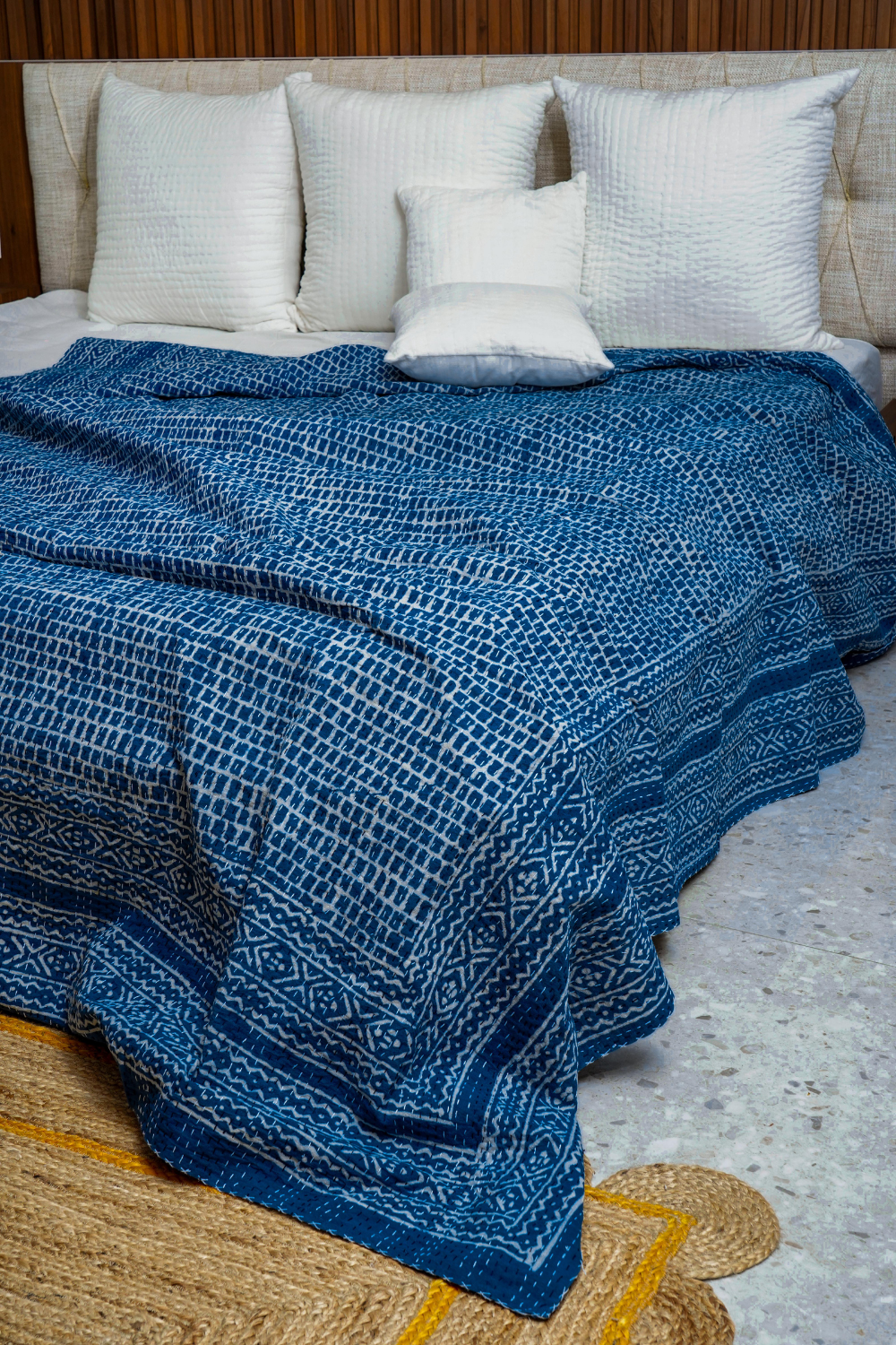 Diwar Indigo Block Printed Kantha Bedcover