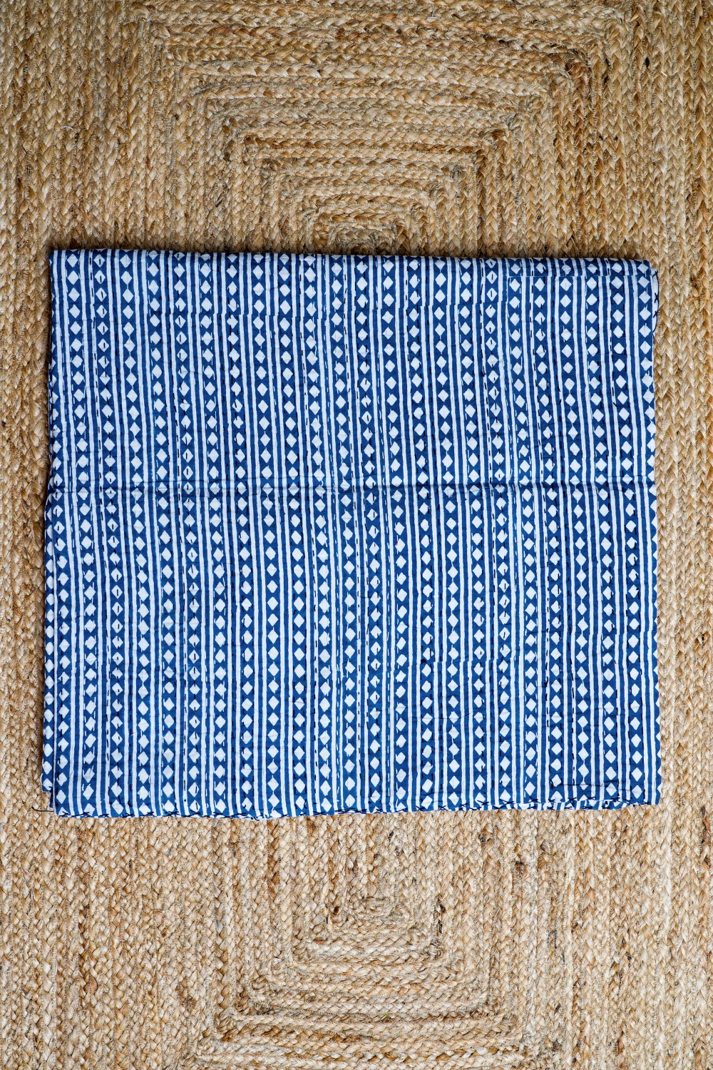 Diamond Stripe Indigo Block Printed Kantha Bedcover