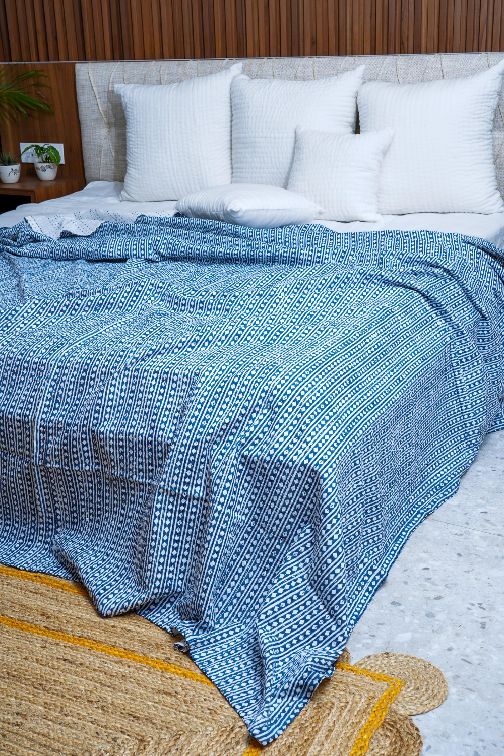 Diamond Stripe Indigo Block Printed Kantha Bedcover