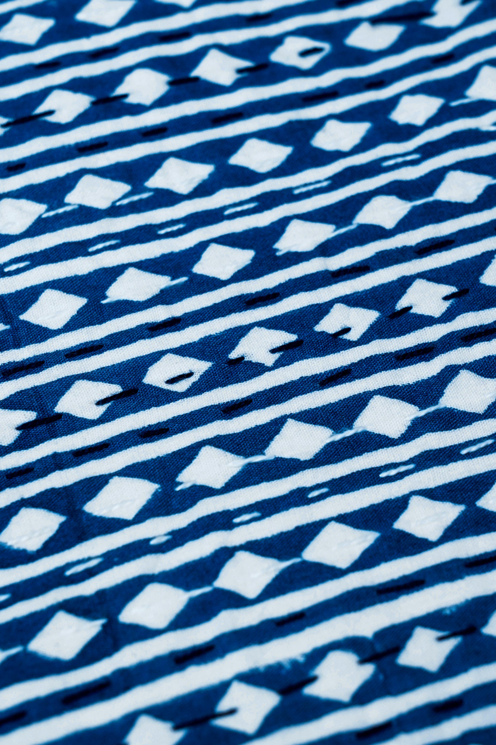 Diamond Stripe Indigo Block Printed Kantha Bedcover