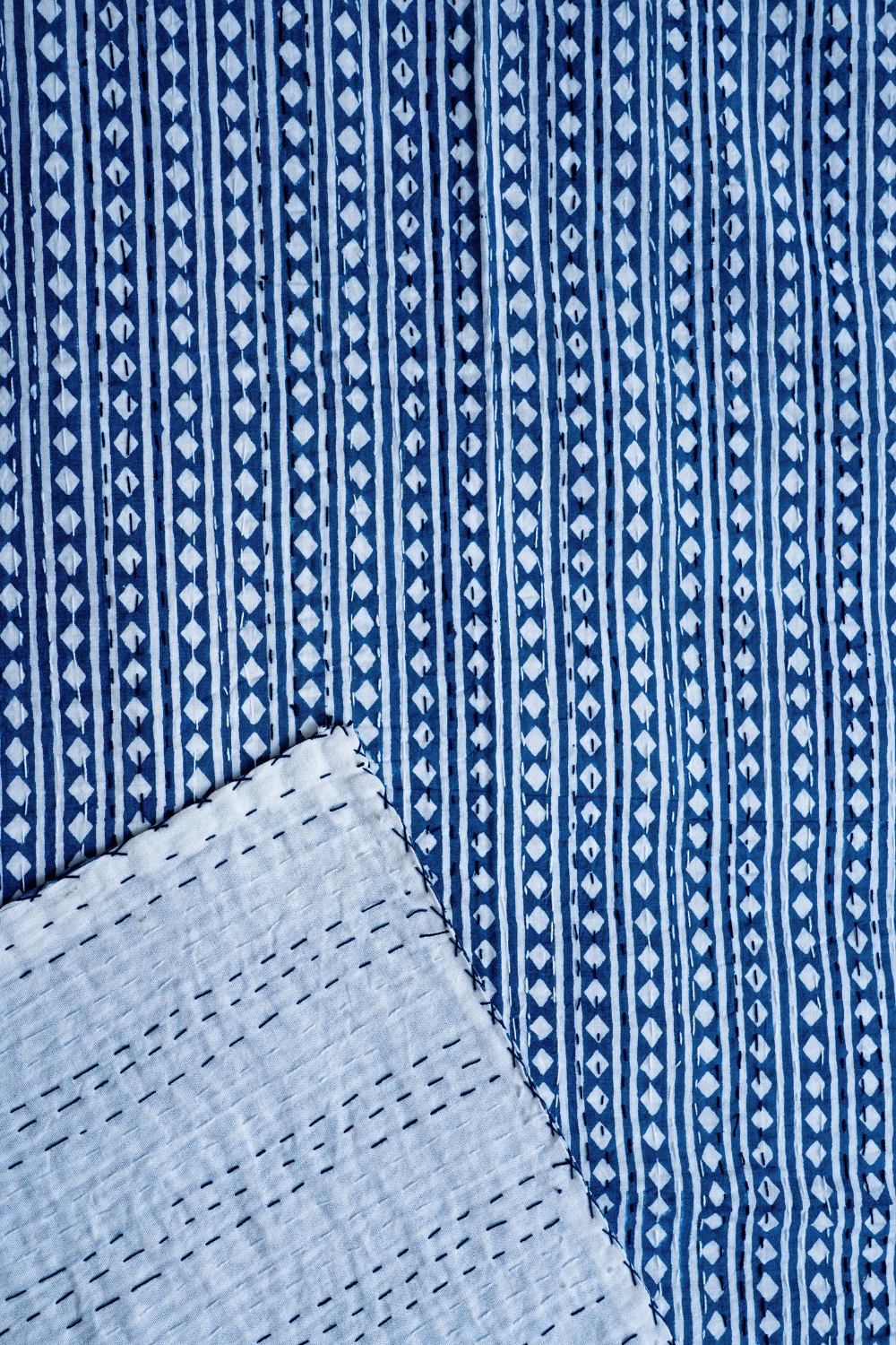 Diamond Stripe Indigo Block Printed Kantha Bedcover