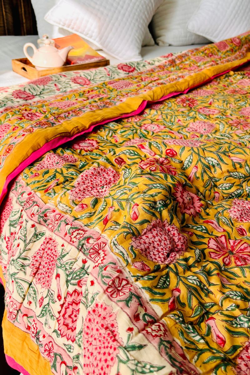 Yellow Dalia Hand Block Print Reversible Quilt