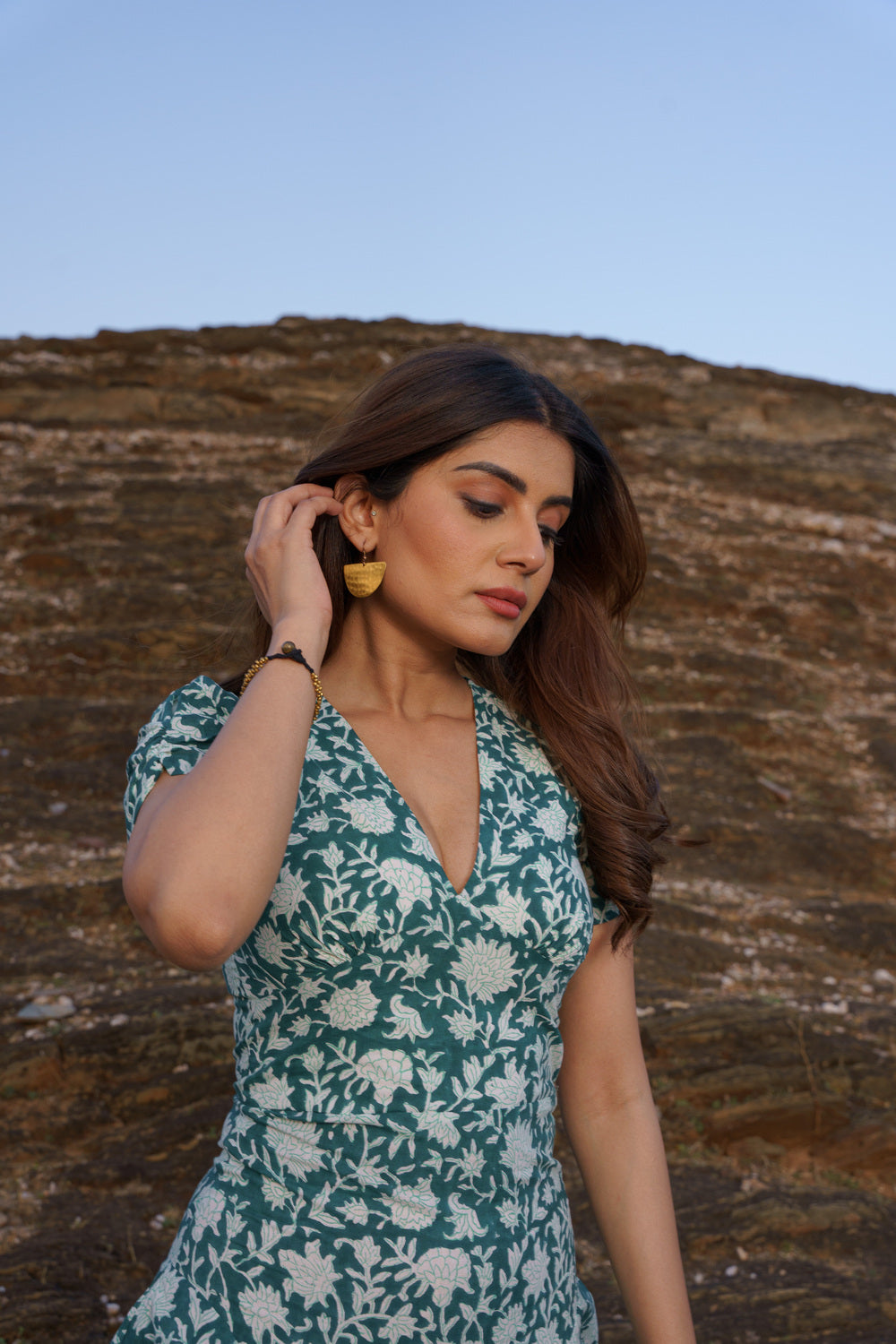 Emerald Green Cotton Hand Block Print Floral Midi Dress