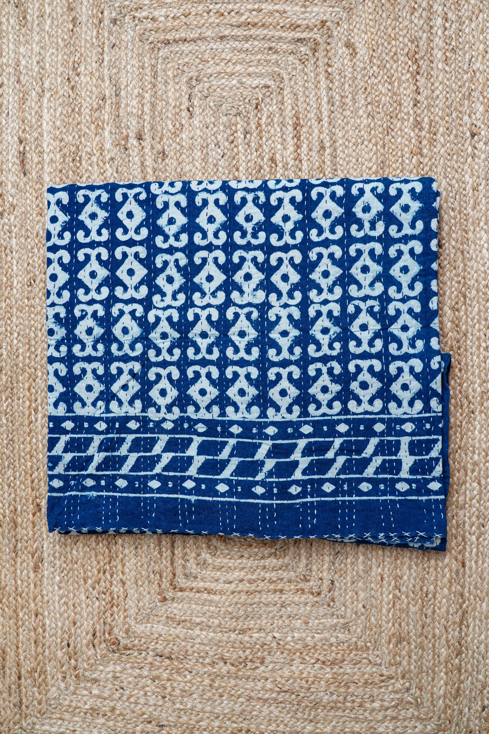Anchor Indigo Block Printed Kantha Bedcover